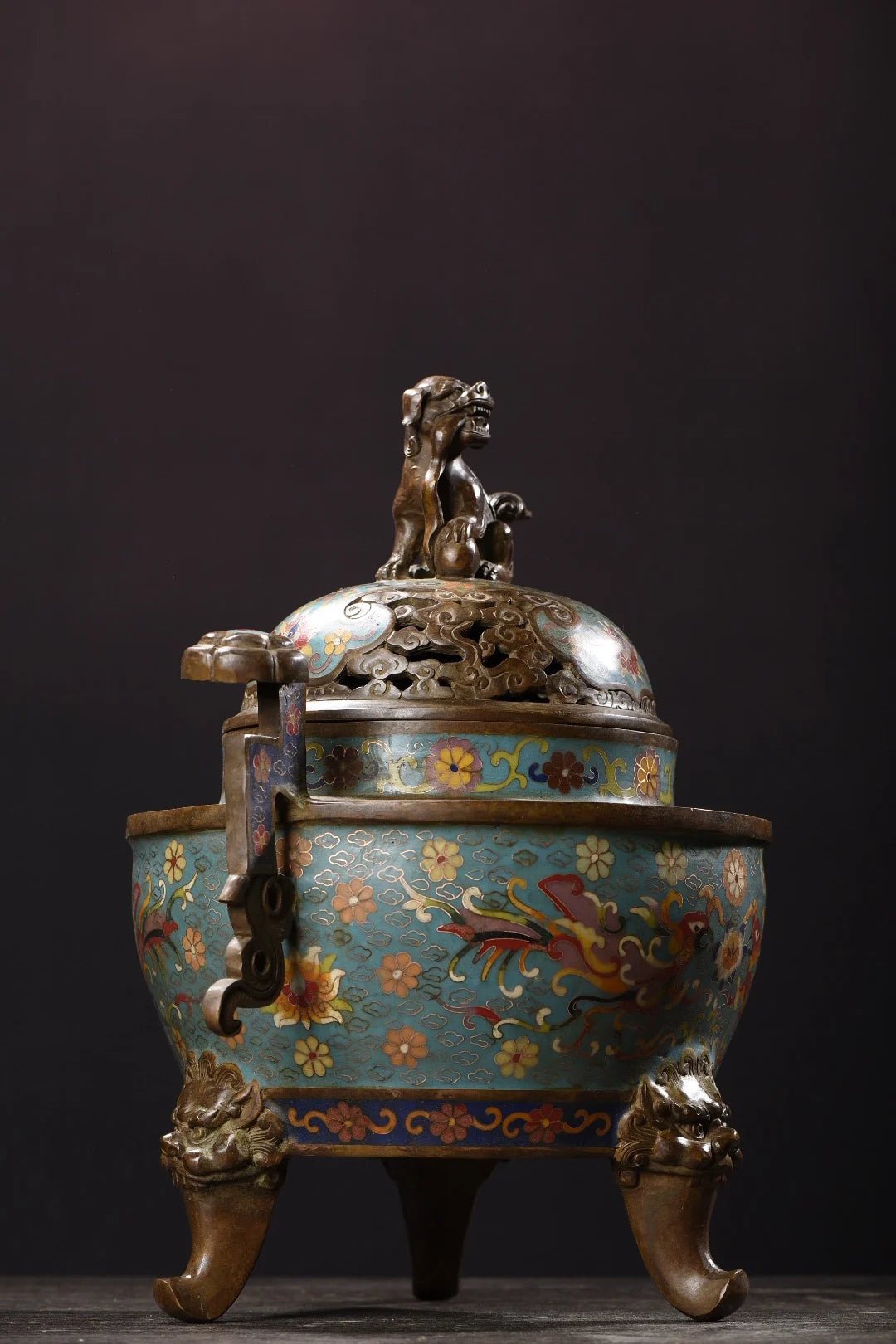 14"Tibet Temple Collection Old Bronze Cloisonne Enamel lion Animal button Ruyi ear Three-legged incense burner Town house