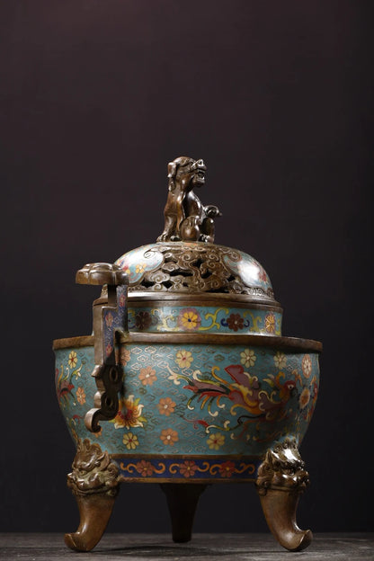 14"Tibet Temple Collection Old Bronze Cloisonne Enamel lion Animal button Ruyi ear Three-legged incense burner Town house