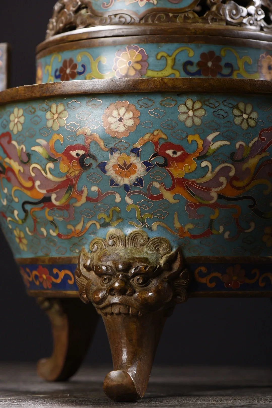 14"Tibet Temple Collection Old Bronze Cloisonne Enamel lion Animal button Ruyi ear Three-legged incense burner Town house