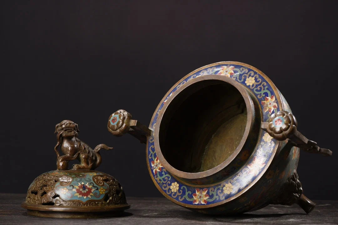 14"Tibet Temple Collection Old Bronze Cloisonne Enamel lion Animal button Ruyi ear Three-legged incense burner Town house