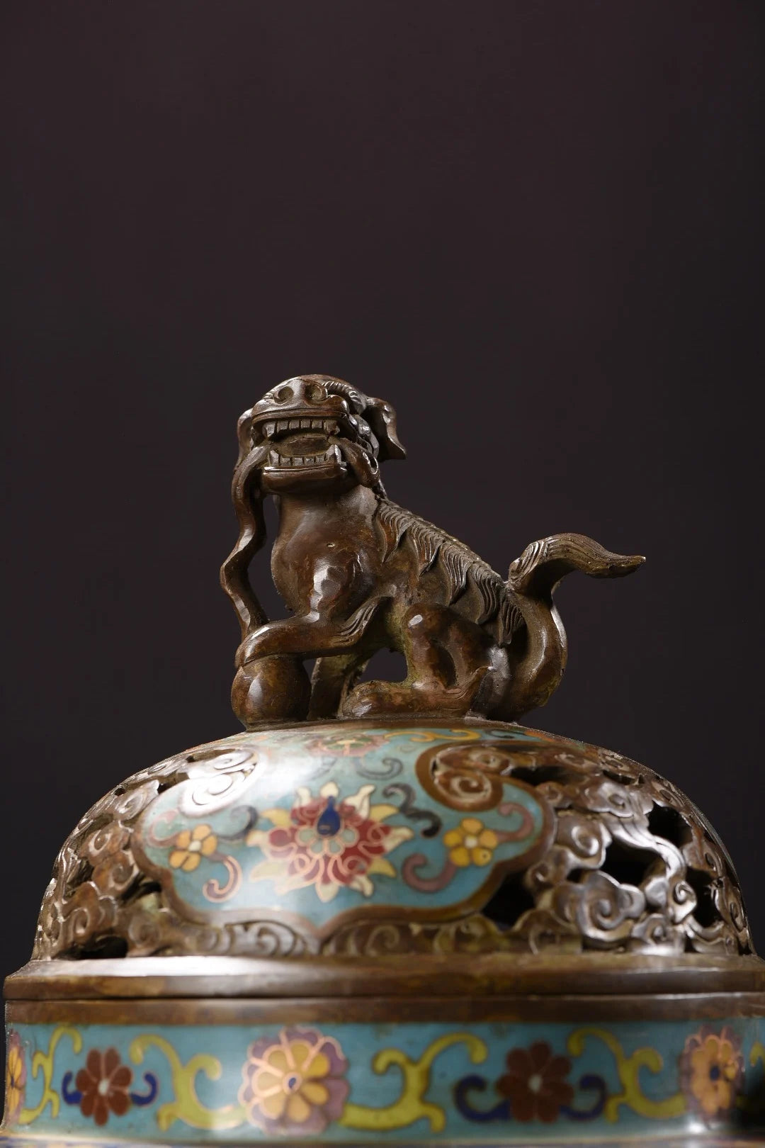 14"Tibet Temple Collection Old Bronze Cloisonne Enamel lion Animal button Ruyi ear Three-legged incense burner Town house