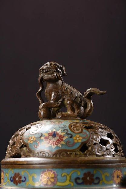 14"Tibet Temple Collection Old Bronze Cloisonne Enamel lion Animal button Ruyi ear Three-legged incense burner Town house