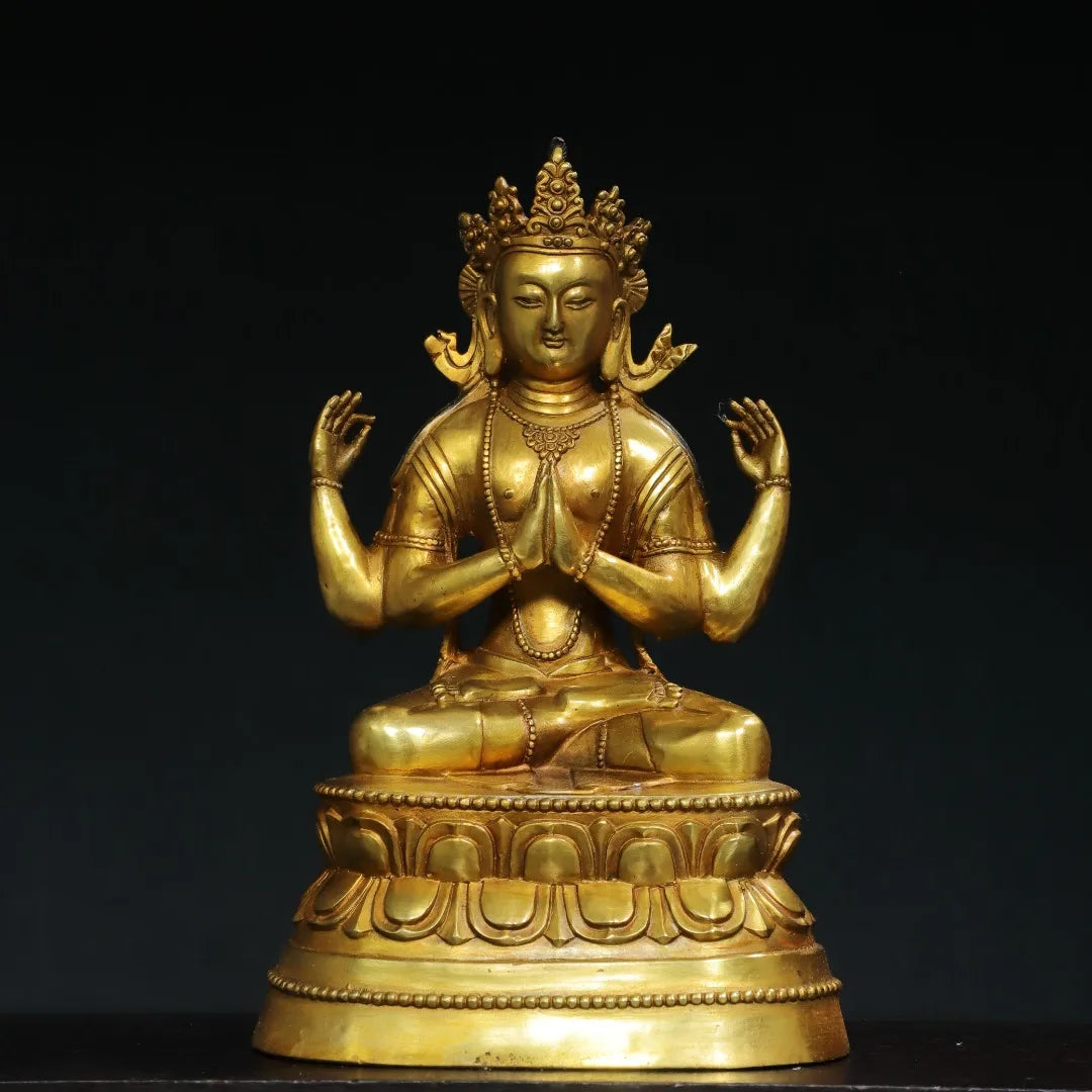 14"Tibet Temple Collection Old Bronze Gilded Cinnabar Mud gold Four Arm Guanyin Buddha Double Lotus Platform Town house