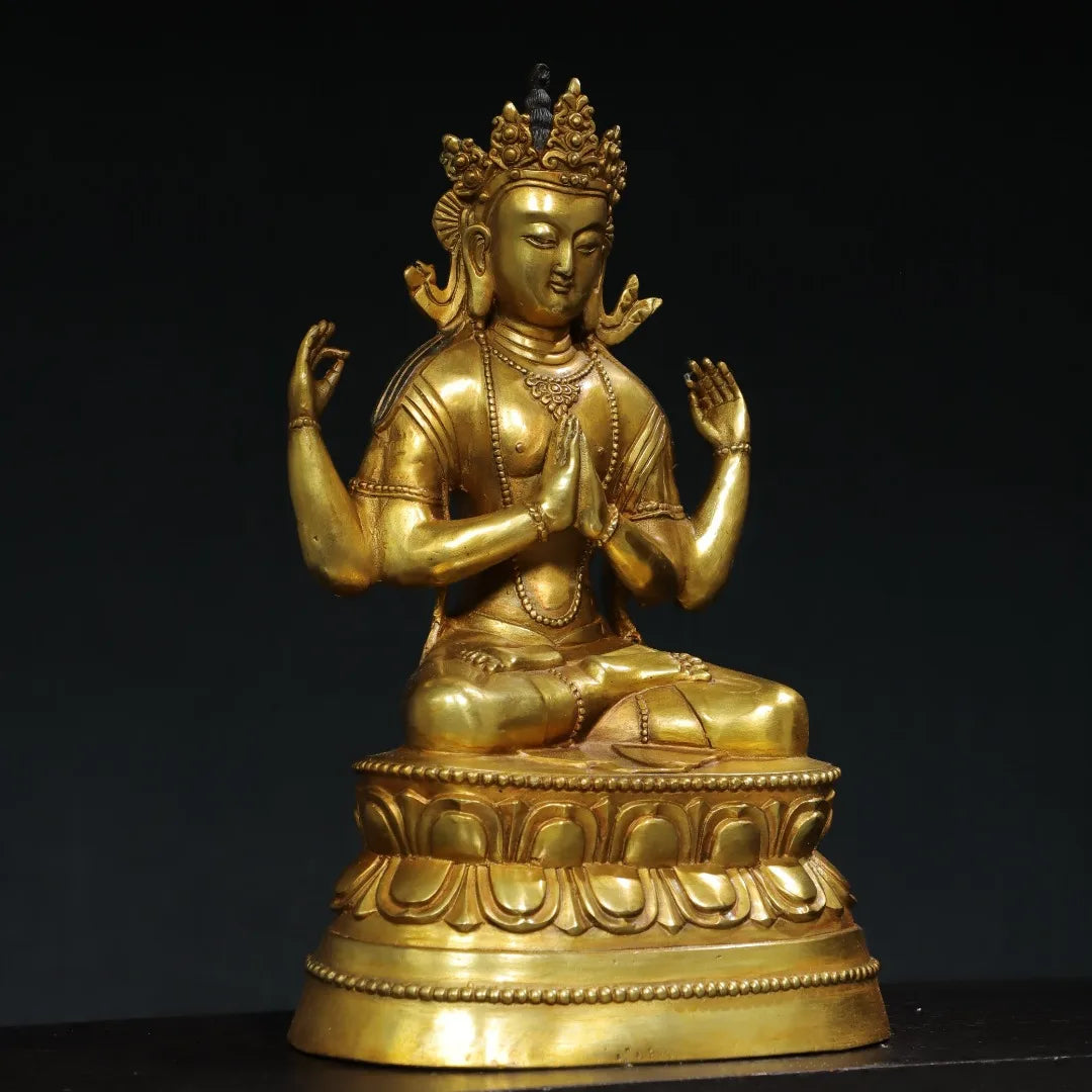 14"Tibet Temple Collection Old Bronze Gilded Cinnabar Mud gold Four Arm Guanyin Buddha Double Lotus Platform Town house