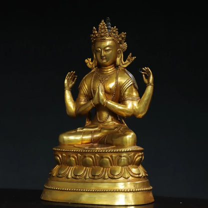 14"Tibet Temple Collection Old Bronze Gilded Cinnabar Mud gold Four Arm Guanyin Buddha Double Lotus Platform Town house