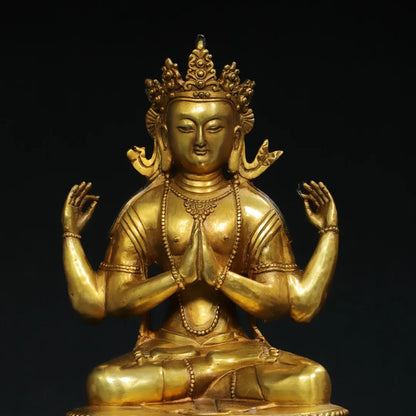 14"Tibet Temple Collection Old Bronze Gilded Cinnabar Mud gold Four Arm Guanyin Buddha Double Lotus Platform Town house