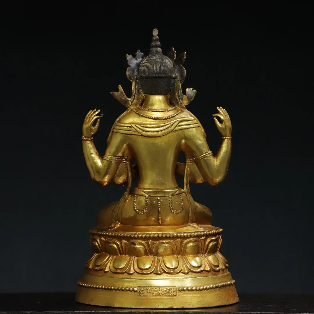 14"Tibet Temple Collection Old Bronze Gilded Cinnabar Mud gold Four Arm Guanyin Buddha Double Lotus Platform Town house