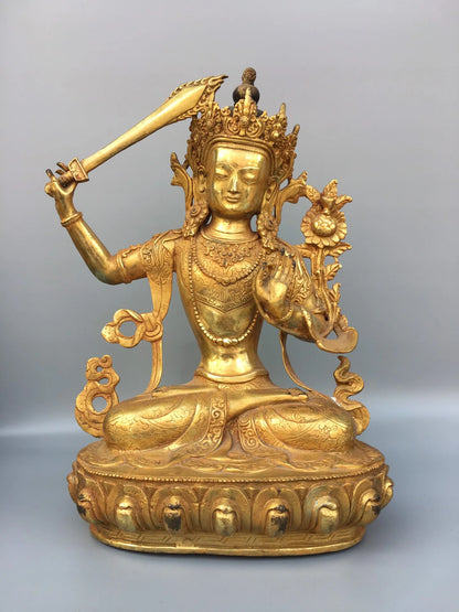 14"Tibet Temple Collection Old Bronze Gilding Manjusri Bodhisattva Sitting Buddha Worship Hall Town house Exorcism