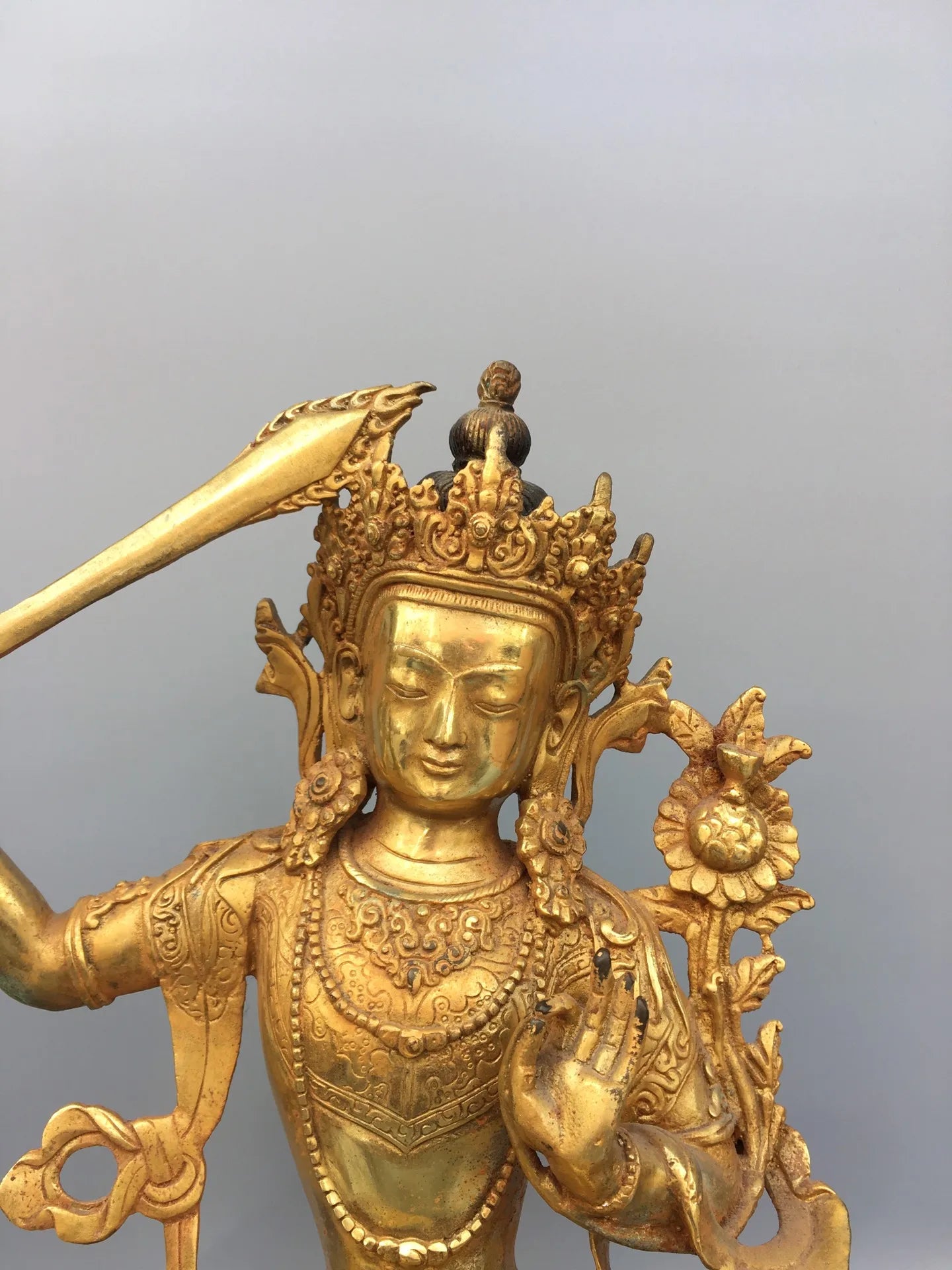 14"Tibet Temple Collection Old Bronze Gilding Manjusri Bodhisattva Sitting Buddha Worship Hall Town house Exorcism