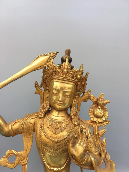 14"Tibet Temple Collection Old Bronze Gilding Manjusri Bodhisattva Sitting Buddha Worship Hall Town house Exorcism