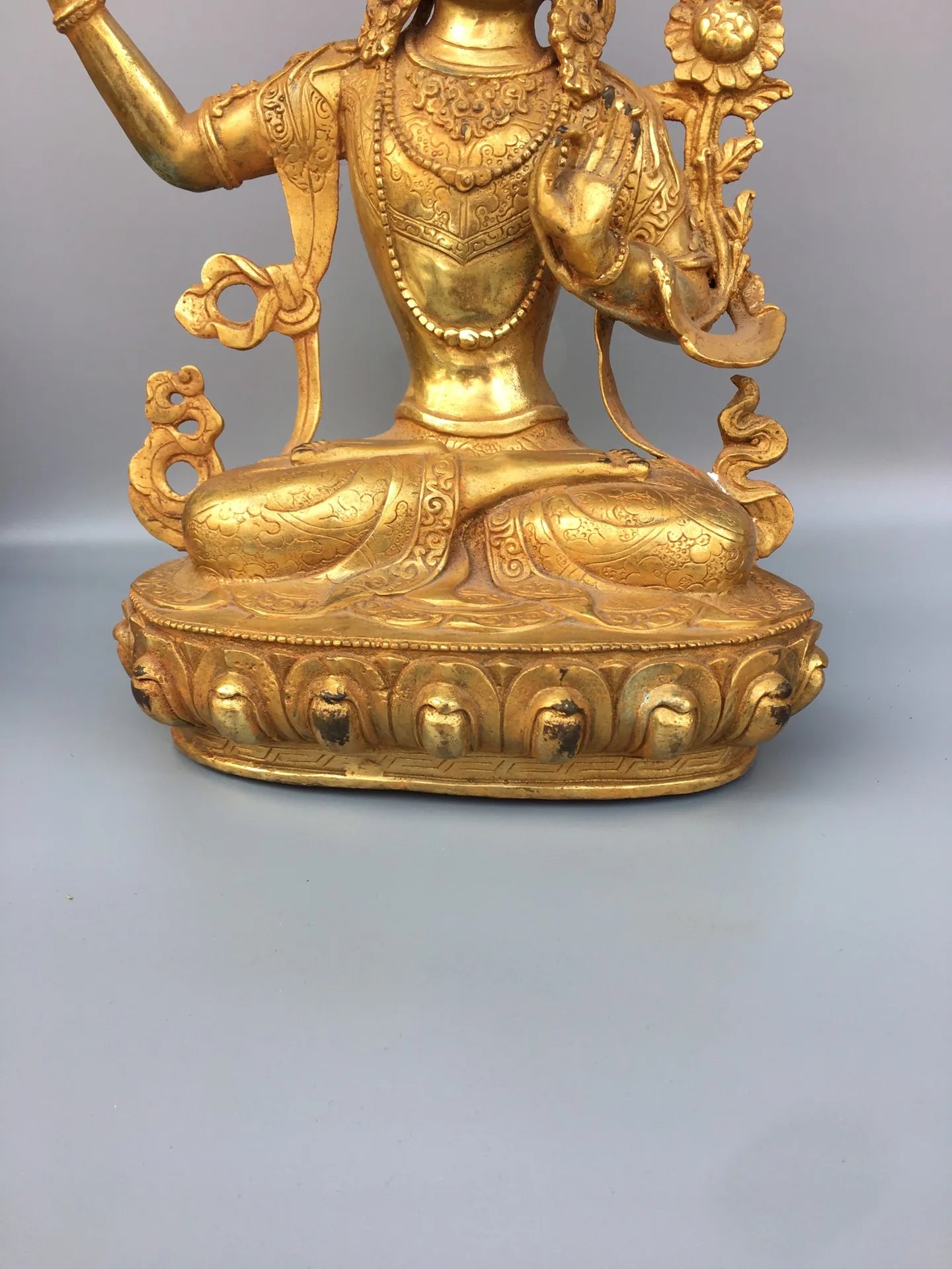 14"Tibet Temple Collection Old Bronze Gilding Manjusri Bodhisattva Sitting Buddha Worship Hall Town house Exorcism