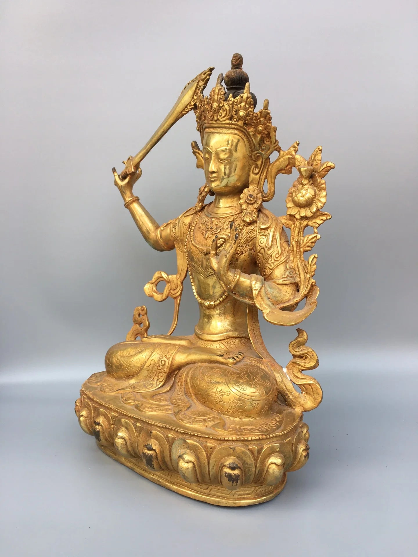 14"Tibet Temple Collection Old Bronze Gilding Manjusri Bodhisattva Sitting Buddha Worship Hall Town house Exorcism