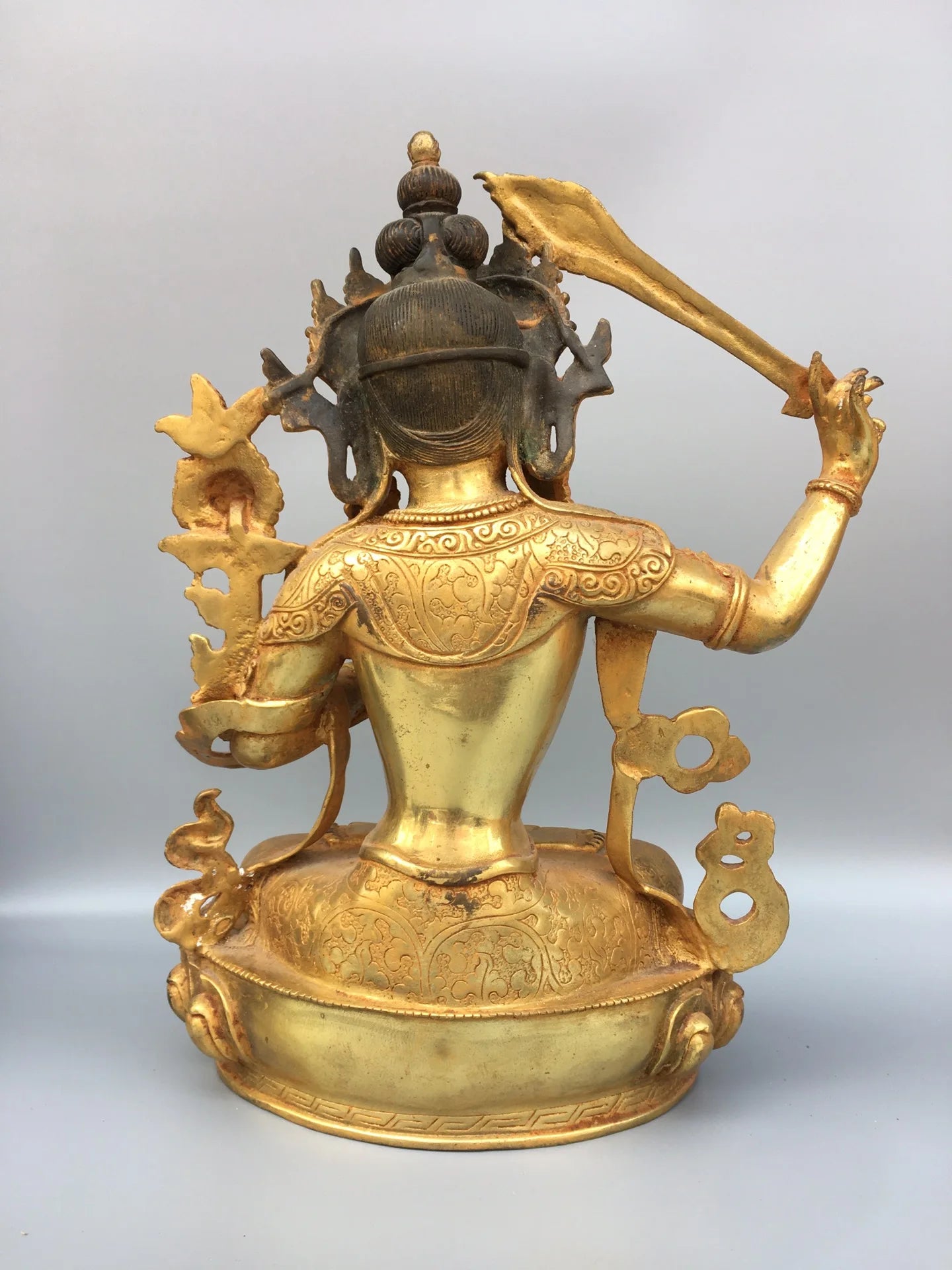 14"Tibet Temple Collection Old Bronze Gilding Manjusri Bodhisattva Sitting Buddha Worship Hall Town house Exorcism