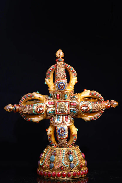 14"Tibet Temple Collection Old Natural Crystal silver mosaic Gem Beads turquoise Cross Vajra Base Dharma Worship Hall Town house