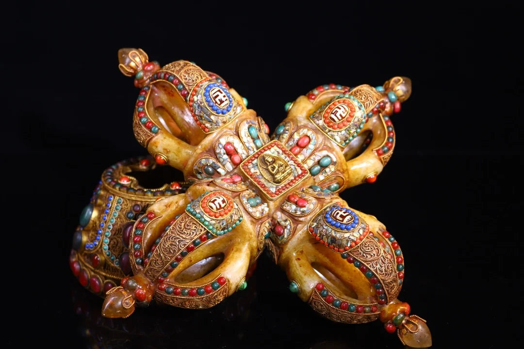 14"Tibet Temple Collection Old Natural Crystal silver mosaic Gem Beads turquoise Cross Vajra Base Dharma Worship Hall Town house
