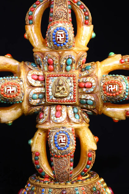 14"Tibet Temple Collection Old Natural Crystal silver mosaic Gem Beads turquoise Cross Vajra Base Dharma Worship Hall Town house