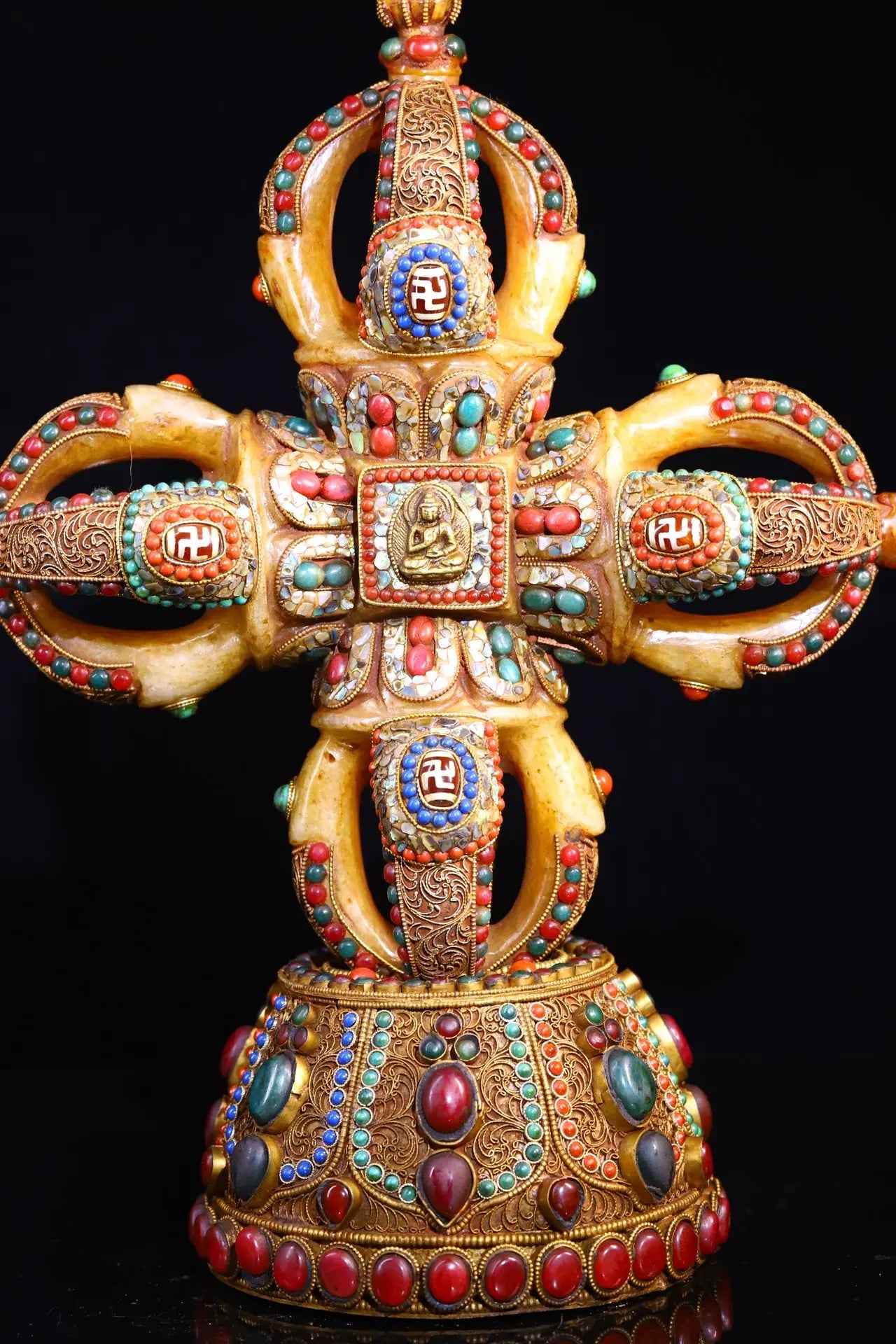 14"Tibet Temple Collection Old Natural Crystal silver mosaic Gem Beads turquoise Cross Vajra Base Dharma Worship Hall Town house