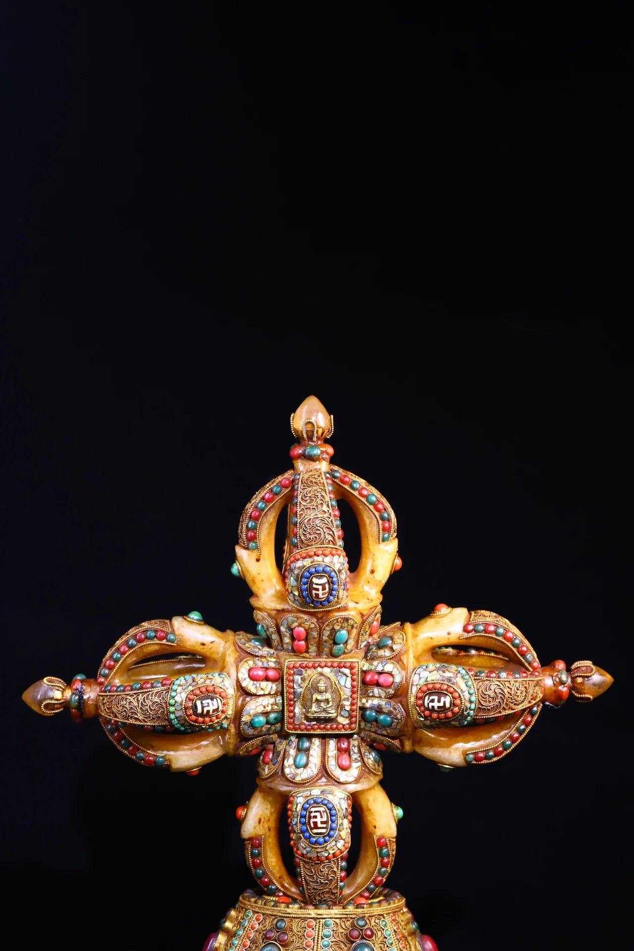14"Tibet Temple Collection Old Natural Crystal silver mosaic Gem Beads turquoise Cross Vajra Base Dharma Worship Hall Town house