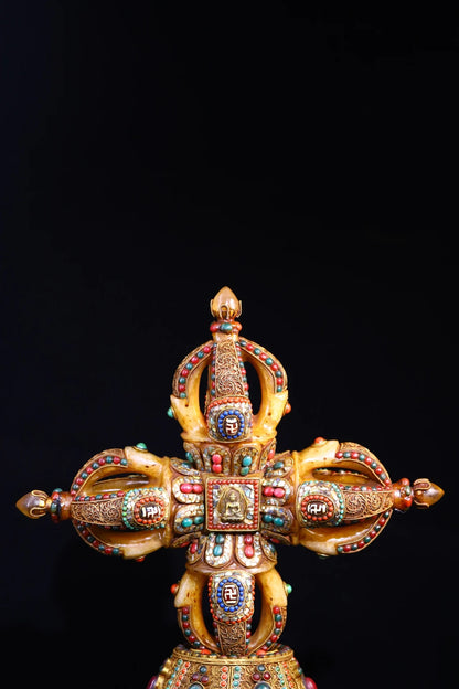 14"Tibet Temple Collection Old Natural Crystal silver mosaic Gem Beads turquoise Cross Vajra Base Dharma Worship Hall Town house