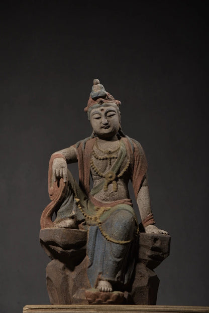 14"Tibet Temple Collection Old wood Carving Painted Guanyin Meditation Buddha Sitting Buddha Worship Hall Town house Exorcism