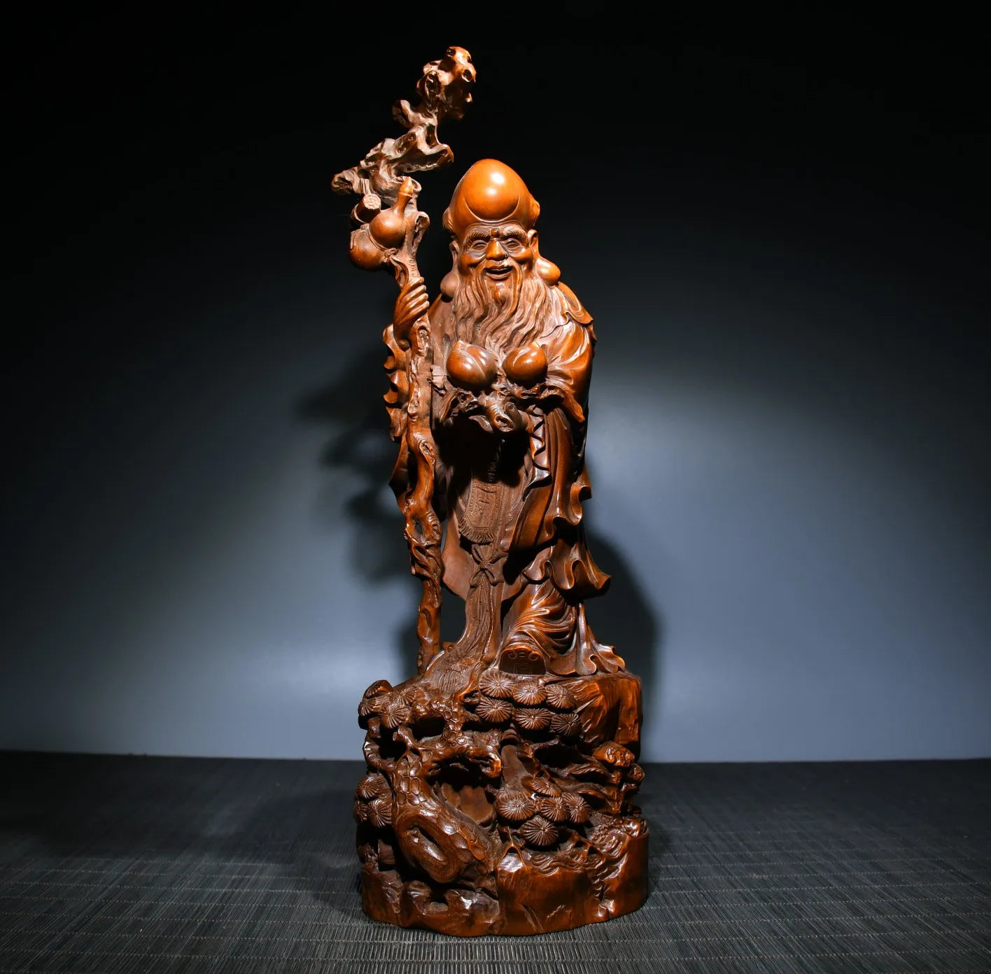 14"Tibetan Temple Collection Old Boxwood longevity buddha statue god of longevity Gather fortune office ornament