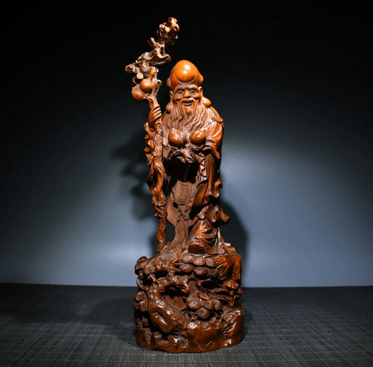 14"Tibetan Temple Collection Old Boxwood longevity buddha statue god of longevity Gather fortune office ornament