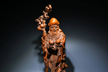 14"Tibetan Temple Collection Old Boxwood longevity buddha statue god of longevity Gather fortune office ornament