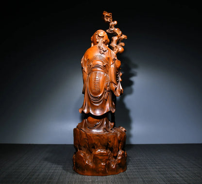14"Tibetan Temple Collection Old Boxwood longevity buddha statue god of longevity Gather fortune office ornament