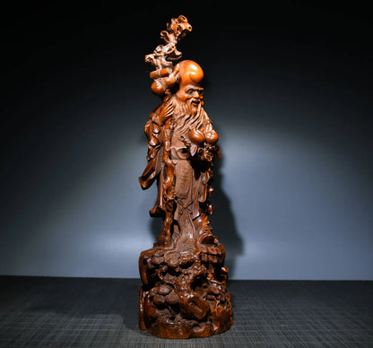 14"Tibetan Temple Collection Old Boxwood longevity buddha statue god of longevity Gather fortune office ornament