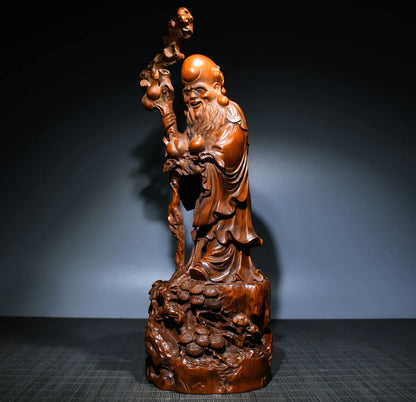 14"Tibetan Temple Collection Old Boxwood longevity buddha statue god of longevity Gather fortune office ornament