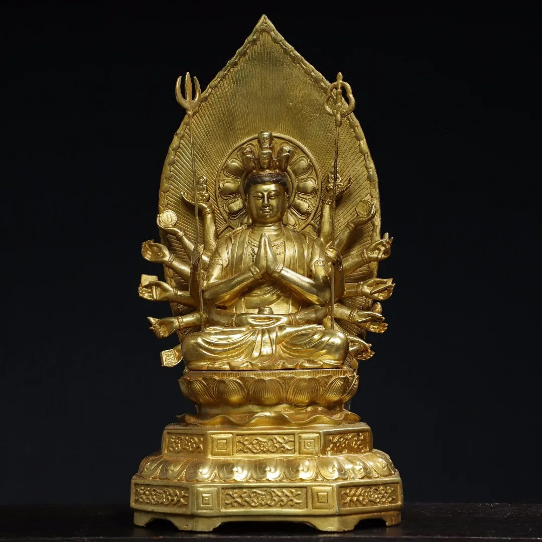 14"Tibetan Temple Collection Old Bronze Cinnabar Gilded 1000 Guanyin Bodhisattva Backlit Buddha Platform Worship Hall