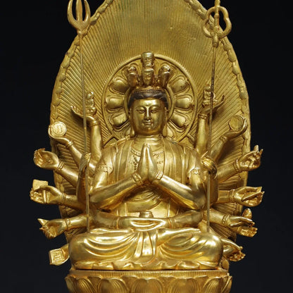14"Tibetan Temple Collection Old Bronze Cinnabar Gilded 1000 Guanyin Bodhisattva Backlit Buddha Platform Worship Hall