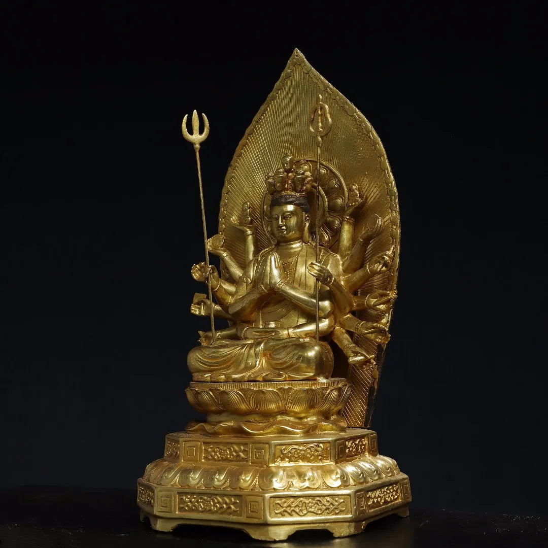 14"Tibetan Temple Collection Old Bronze Cinnabar Gilded 1000 Guanyin Bodhisattva Backlit Buddha Platform Worship Hall