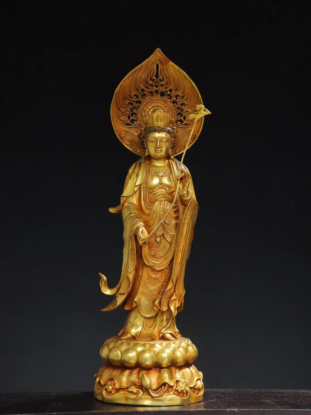 14"Tibetan Temple Collection Old Bronze Cinnabar Gilding Mahasthamaprapta Bodhisattva Sitting Buddha Lotus Terrace Worship Hall