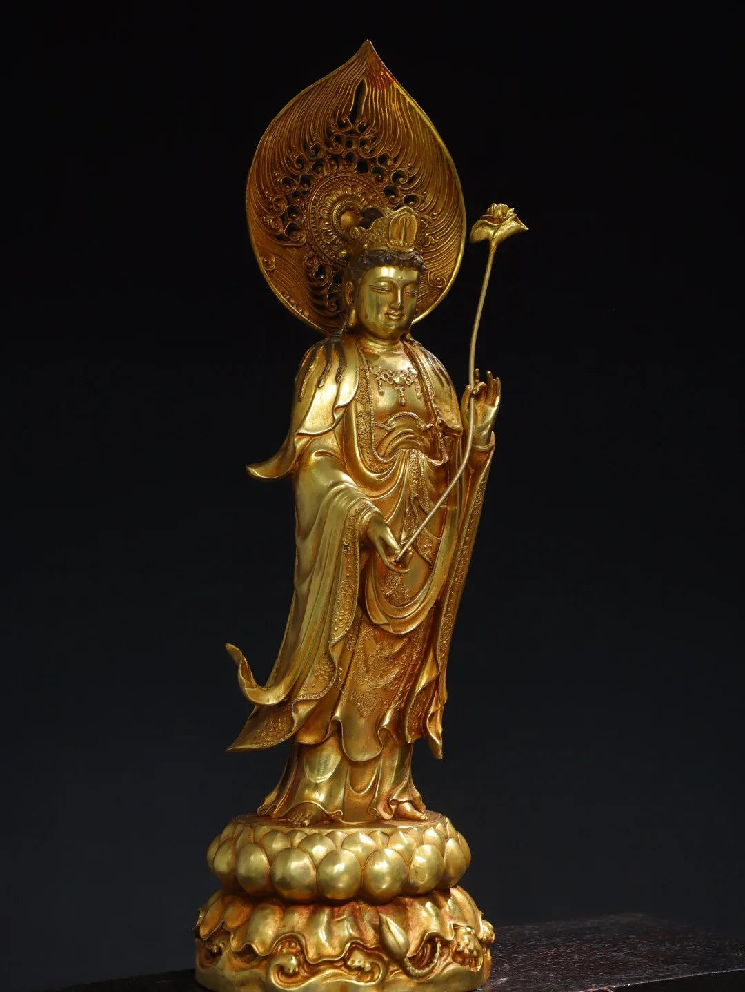 14"Tibetan Temple Collection Old Bronze Cinnabar Gilding Mahasthamaprapta Bodhisattva Sitting Buddha Lotus Terrace Worship Hall