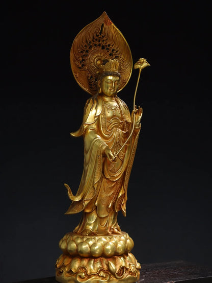 14"Tibetan Temple Collection Old Bronze Cinnabar Gilding Mahasthamaprapta Bodhisattva Sitting Buddha Lotus Terrace Worship Hall