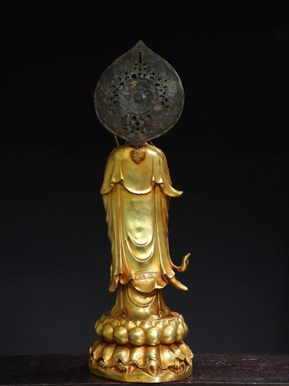 14"Tibetan Temple Collection Old Bronze Cinnabar Gilding Mahasthamaprapta Bodhisattva Sitting Buddha Lotus Terrace Worship Hall