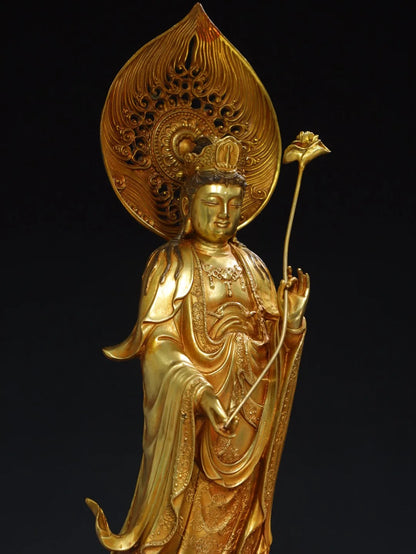 14"Tibetan Temple Collection Old Bronze Cinnabar Gilding Mahasthamaprapta Bodhisattva Sitting Buddha Lotus Terrace Worship Hall