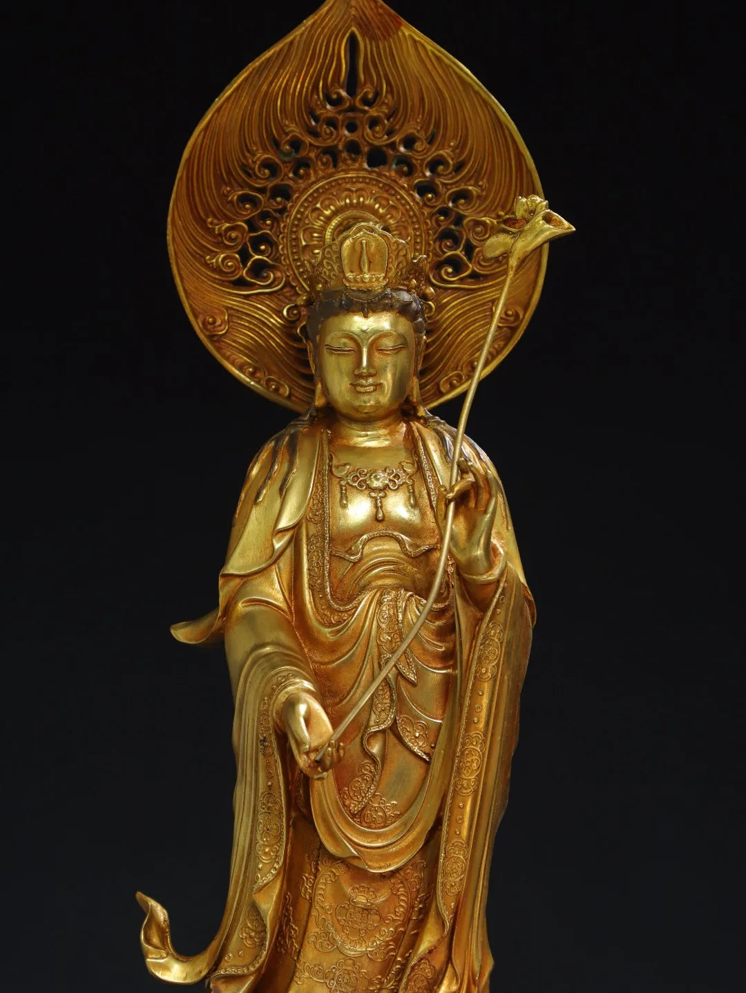 14"Tibetan Temple Collection Old Bronze Cinnabar Gilding Mahasthamaprapta Bodhisattva Sitting Buddha Lotus Terrace Worship Hall