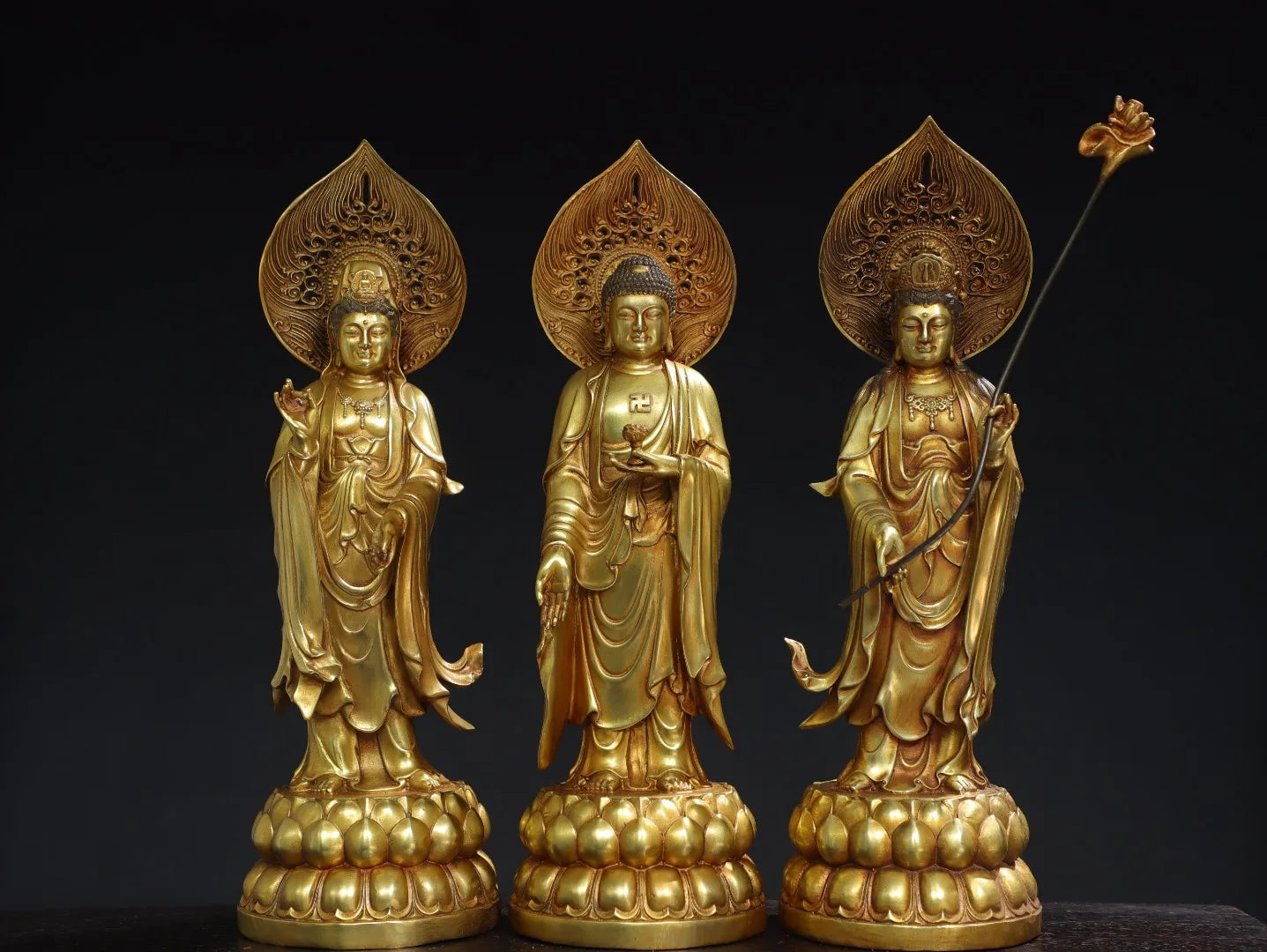 14"Tibetan Temple Collection Old Bronze Cinnabar Gilding Three Sages Shakyamuni GuanyinBuddha Worship Hall Town house
