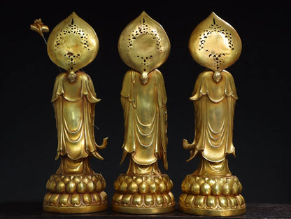 14"Tibetan Temple Collection Old Bronze Cinnabar Gilding Three Sages Shakyamuni GuanyinBuddha Worship Hall Town house