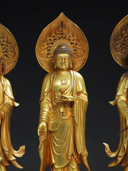 14"Tibetan Temple Collection Old Bronze Cinnabar Gilding Three Sages Shakyamuni GuanyinBuddha Worship Hall Town house