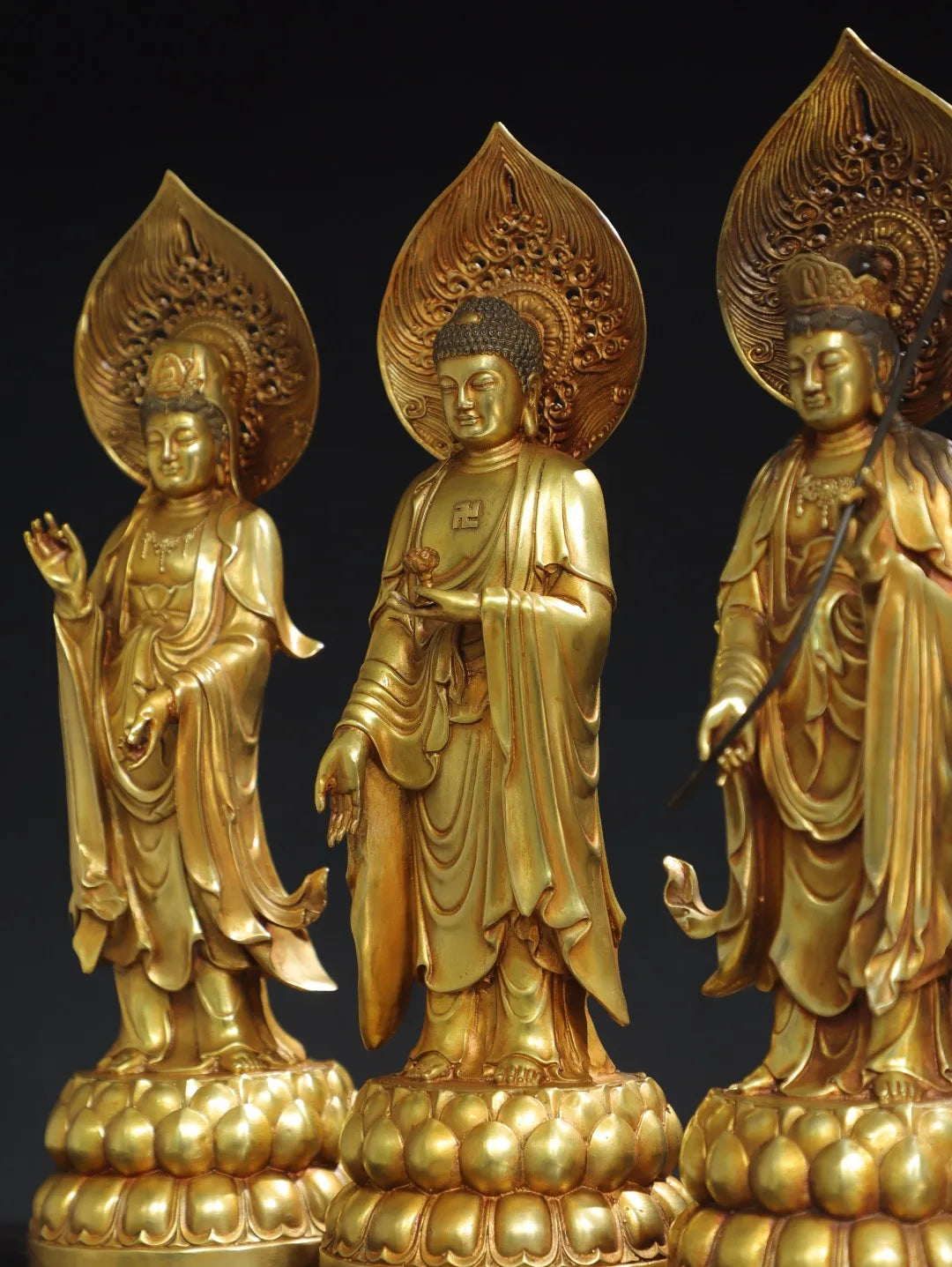 14"Tibetan Temple Collection Old Bronze Cinnabar Gilding Three Sages Shakyamuni GuanyinBuddha Worship Hall Town house