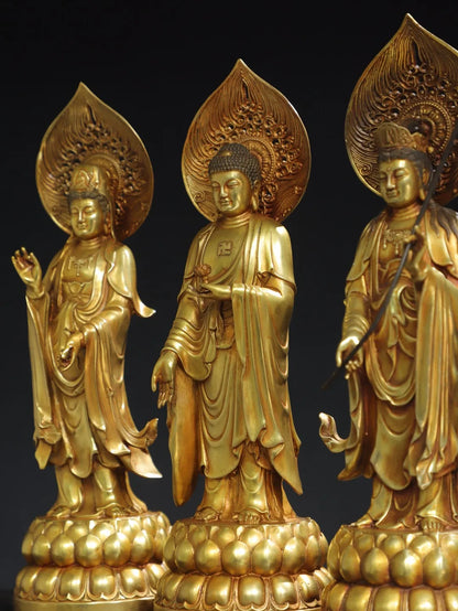 14"Tibetan Temple Collection Old Bronze Cinnabar Gilding Three Sages Shakyamuni GuanyinBuddha Worship Hall Town house