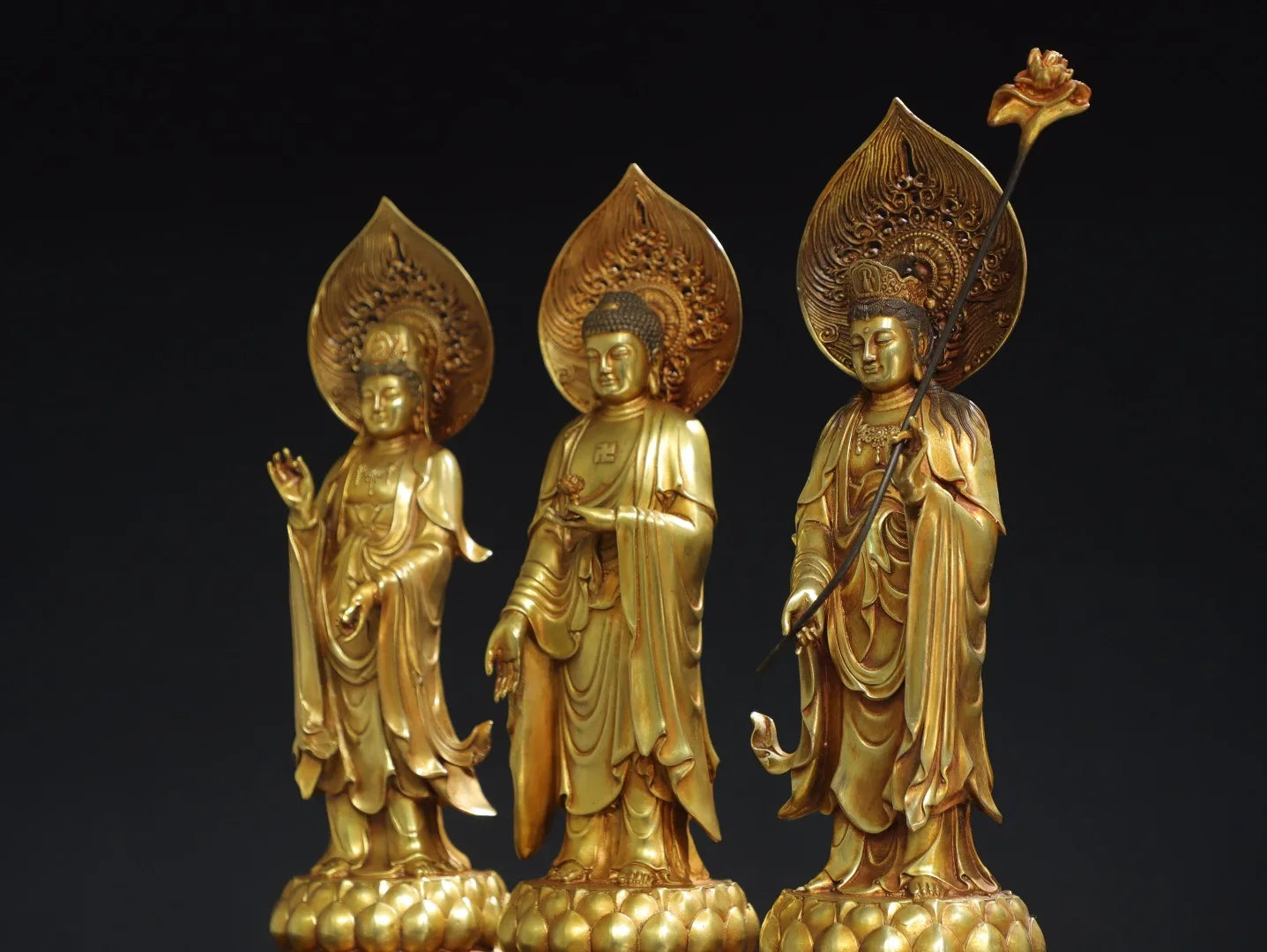 14"Tibetan Temple Collection Old Bronze Cinnabar Gilding Three Sages Shakyamuni GuanyinBuddha Worship Hall Town house