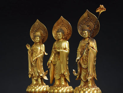 14"Tibetan Temple Collection Old Bronze Cinnabar Gilding Three Sages Shakyamuni GuanyinBuddha Worship Hall Town house