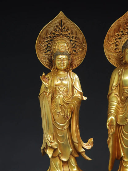 14"Tibetan Temple Collection Old Bronze Cinnabar Gilding Three Sages Shakyamuni GuanyinBuddha Worship Hall Town house