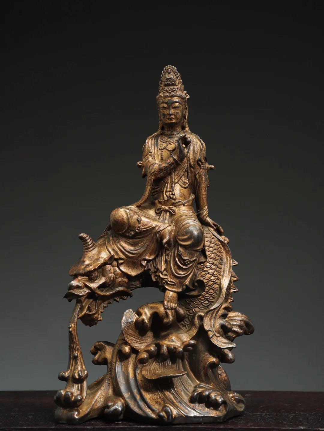 14"Tibetan Temple Collection Old Bronze Cinnabar Mud gold Royal Dragon Guanyin Bodhisattva Buddha Worship Hall Town House