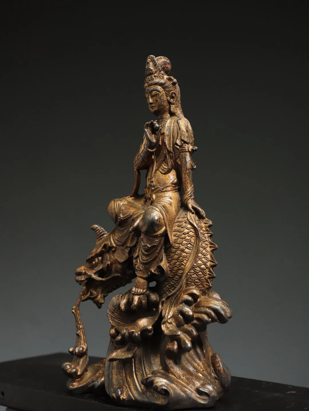 14"Tibetan Temple Collection Old Bronze Cinnabar Mud gold Royal Dragon Guanyin Bodhisattva Buddha Worship Hall Town House