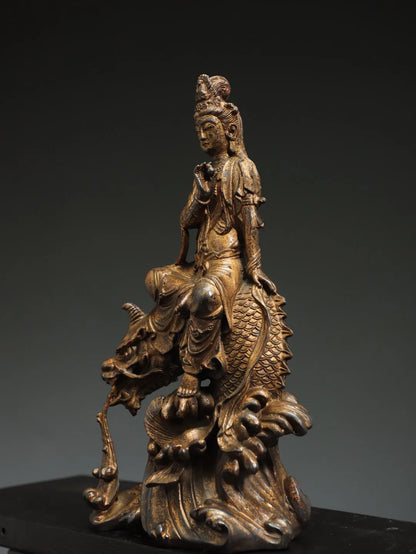 14"Tibetan Temple Collection Old Bronze Cinnabar Mud gold Royal Dragon Guanyin Bodhisattva Buddha Worship Hall Town House